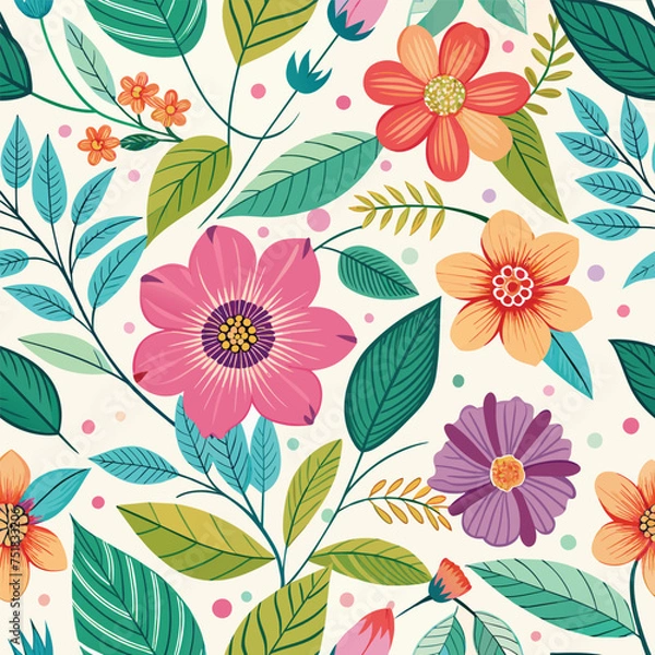 Obraz Floral seamless pattern with cute wild  flowers and leaves isolated on a white background