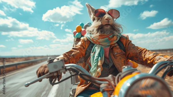 Fototapeta 
High-end commercial photography of a stylish Easter bunny, dressed in a leather jacket, driving a motorcycle with a sidecar