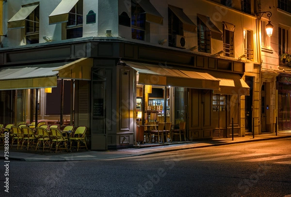 Fototapeta Night view of cozy street with tables of cafe in Paris, France. Architecture and landmarks of Paris. Postcard of Paris