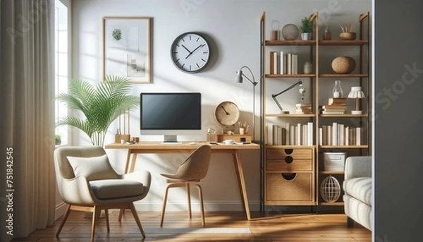 Fototapeta A cozy and neat Scandinavian style workspace with a computer monitor on a wooden desk, surrounded by plant decor and floating shelves.