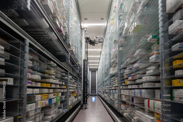 Obraz A pharmacy storage room and a robot hand are arranging and store out drugs in a pharmacy.