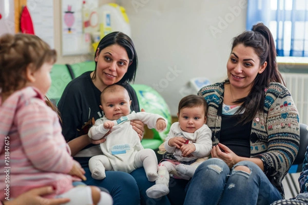 Fototapeta Diverse group of women with their babies in a pediatrician's office waiting area, engaging in conversations and sharing laughter.

