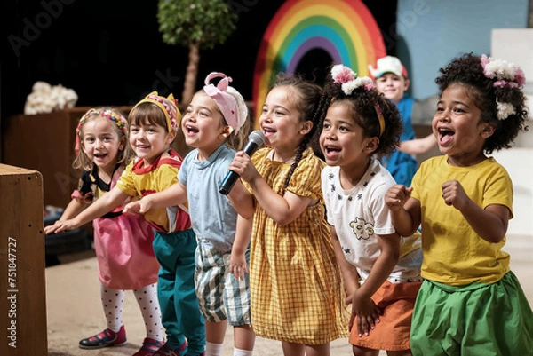 Fototapeta Candid capture of young children performing in a play on stage, adorned in colorful costumes, singing and laughing, embodying the spirit of childhood.

