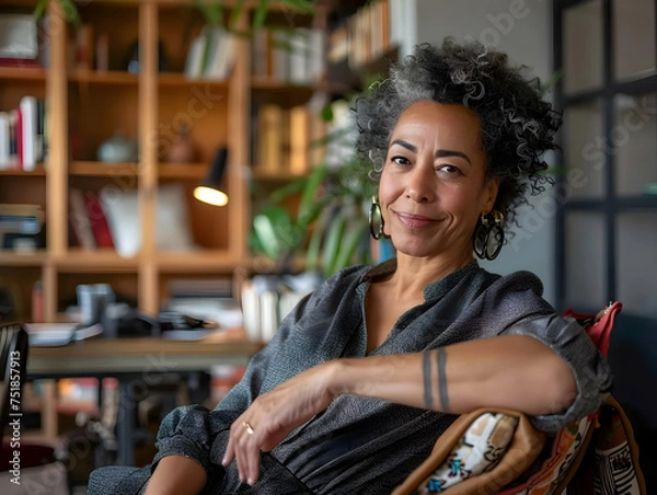 Fototapeta potrait of beautiful experienced mature senior mixed race businesswoman taking a break, leaning back in her chair with satisfaction in a modern home office setting.