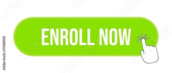 Obraz Enroll Now button with click cursor. Enroll now green sticker. Enroll now square. Label isolated on white background. 