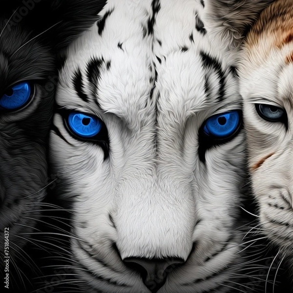 Obraz Artistic black and white composition featuring the intense blue eyes of a snow leopard and a white tiger. The image contrasts their powerful gazes and unique fur patterns, suitable for wildlife advoca