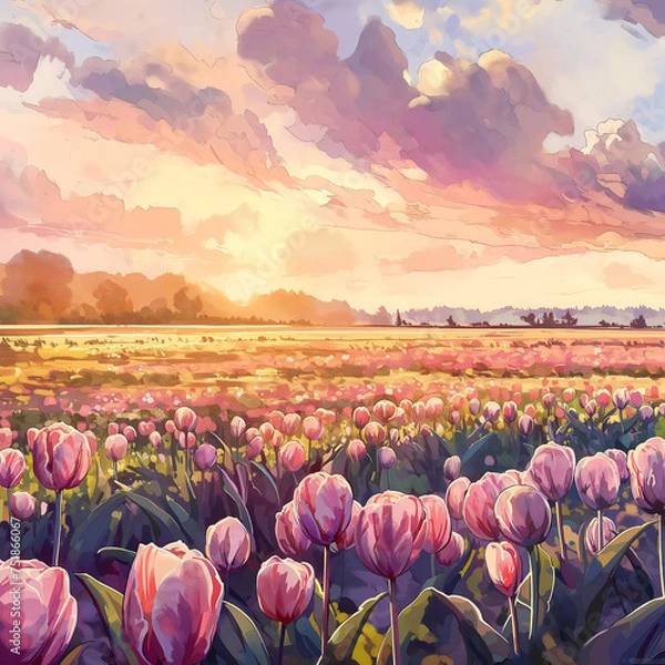 Obraz field of tulips in the country. Generative AI