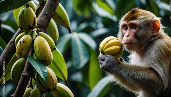Fototapeta A monkey picking bananas from a tree