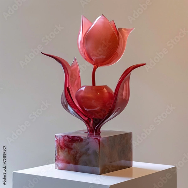 Obraz pedestal has a red glass rose. Generative AI