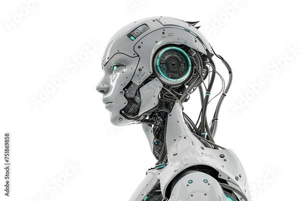 Obraz An intriguing fusion of human-like features and mechanical precision in the face of a female AI robot. Transparent png. Add your own background.