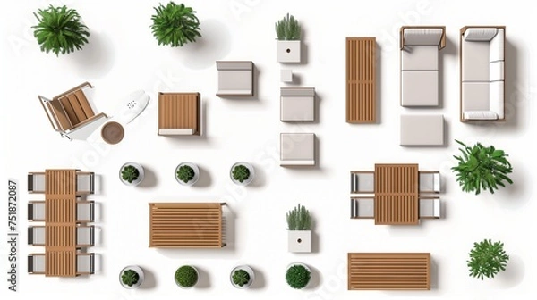 Fototapeta exterior furniture on top view for architecture use. garden florplan concept