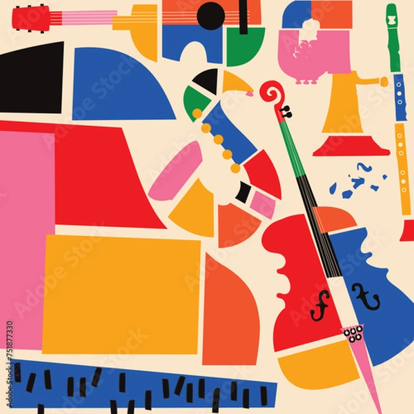 Obraz Multicolored hand-drawn jazz music session poster with piano, sax, guitar, trumpet and violoncello. Artsy promo flyer or invitation. Colorful concert event doodle background with musical instruments	