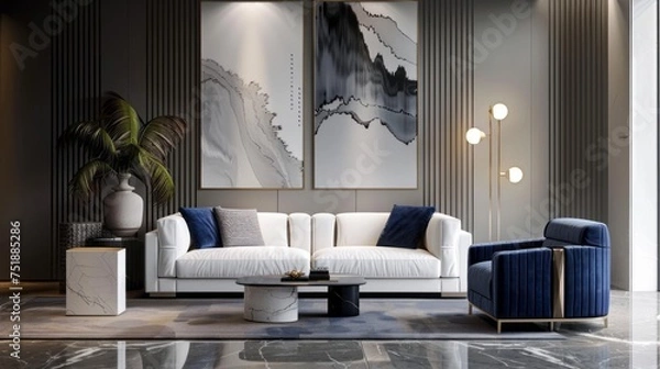 Fototapeta Living room adorned with a white sofa and blue armchair, enhanced by eye-catching posters gracing the walls