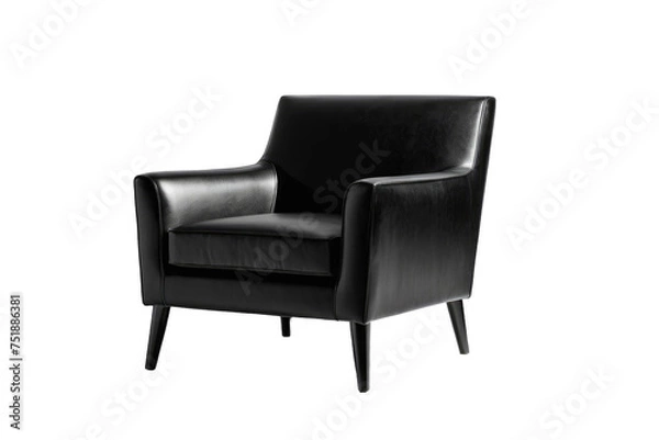 Fototapeta Single black sofa chair, standing isolated on a seamless white background, high quality stock photography, soft natural light casting a gentle shadow beneath