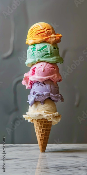 Obraz many scoops of ice cream cone. Generative AI