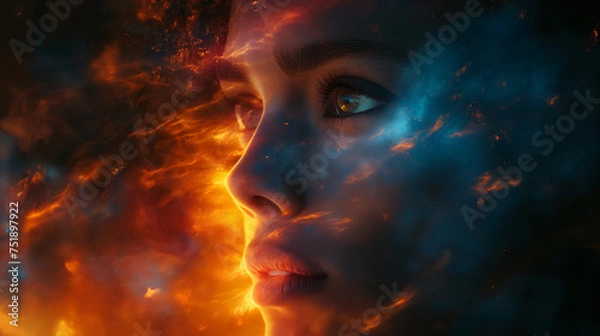 Fototapeta Fantasy movie poster, emotionally charged portrait, depths of emotion and vibrant colors, capturing the soul's journey.