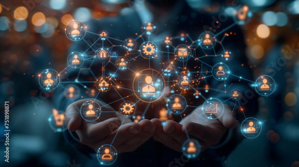 Fototapeta Business network concept. Management strategy. Human resources.a businessman with floating business icons around around is hands