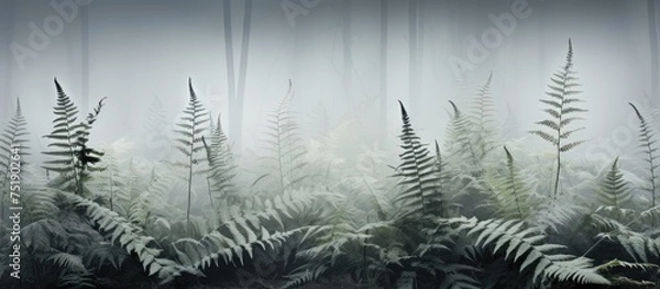 Obraz A dense forest of intricate ferns dominates the scene, standing out starkly against a silver backdrop. The ferns create a captivating pattern with their delicate fronds reaching outward.