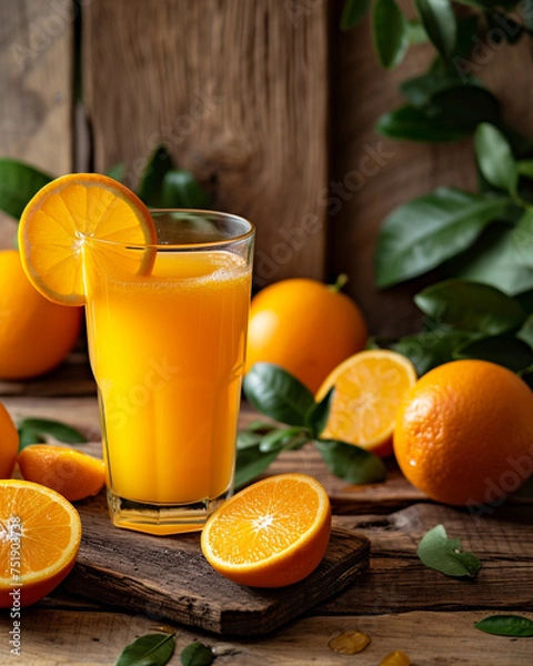 Fototapeta Freshly Squeezed Orange Juice in a Gleaming Glass with Vibrant Sun-Kissed Colors of Orange, Yellow, and Green - on a Rustic Wooden Table Adorned with Oranges and Green Leaves
