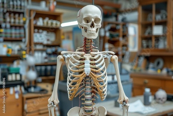 Fototapeta Human skeleton model displayed in a laboratory, concept of medical education and anatomical study