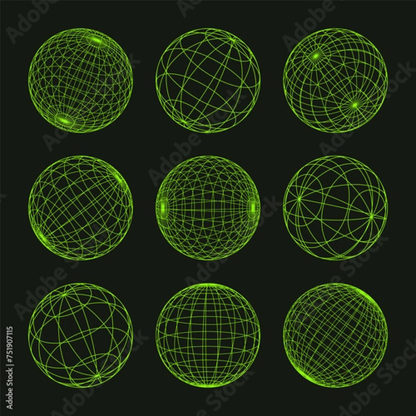 Obraz Wireframe shapes, lined sphere. Perspective mesh, 3d grid. Low poly geometric elements. Retro futuristic design elements, y2k, vaporwave and synthwave style. Vector illustration