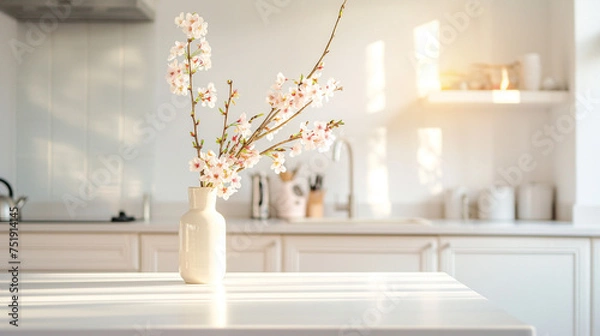 Fototapeta 白く美しいキッチンのカウンターの上に、花瓶に活けられた桜の枝がある