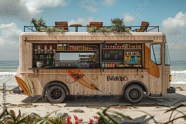 Fototapeta Envision a food truck mock-up in a quaint suburban neighborhood. The truck's design is retro, reminiscent of classic diners,	

