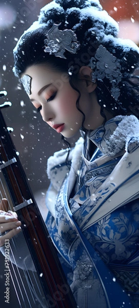 Fototapeta a snow a beautiful robot in an ancient geisha outfit plays a harp art 9:20, ai generative
