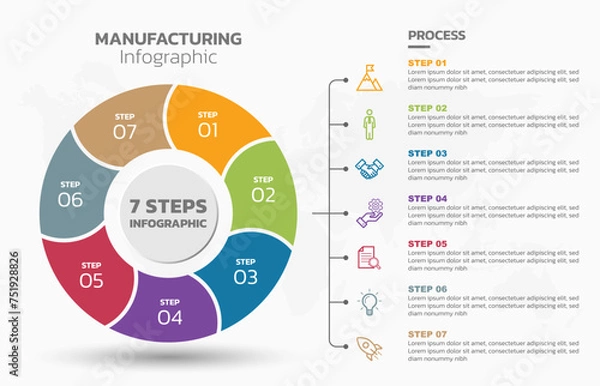 Fototapeta Visual data presentation. Cycle diagram with 7 options. Pie Chart Circle infographic template with 7 steps, options, parts, segments. Business concept. Marketing infographic vector illustration.