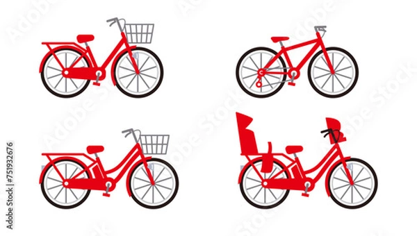 Obraz 赤い自転車のイラスト。ママチャリ、電動自転車とクロスバイクのベクターセット。