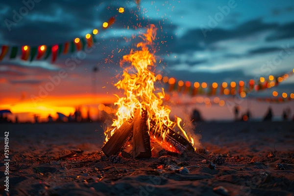 Fototapeta Junina's Party bonfire with small colorful flags at the background