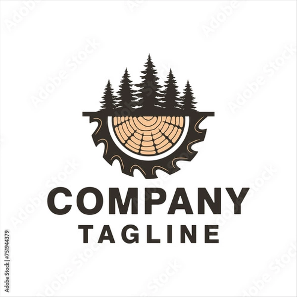 Fototapeta wooden logo with a combination of saws and trees in the background