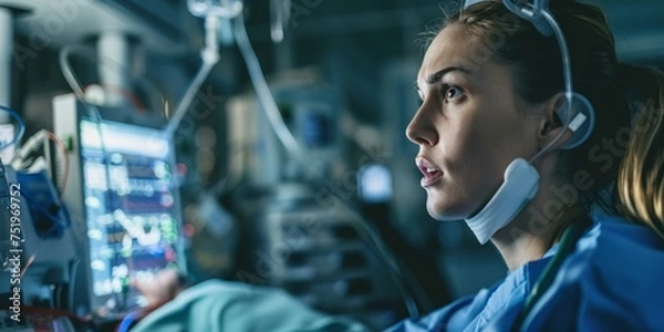 Fototapeta Emergency room hustle nurse focused on CPR quick decisions flashing monitors relief sighs of success
