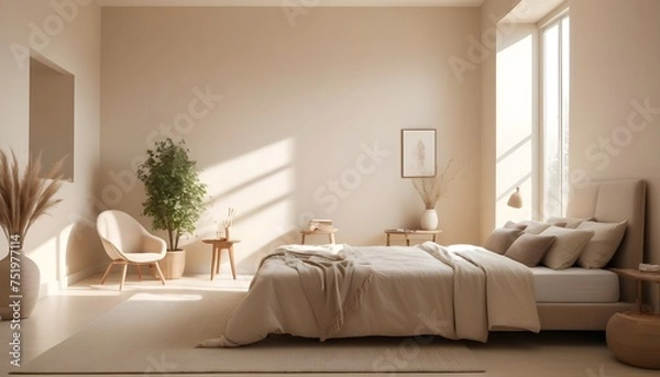 Fototapeta A bedroom with a bed and a chair bedroom