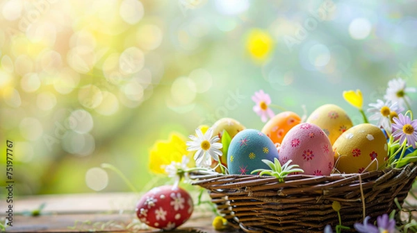 Fototapeta Colorful easter eggs in a basket with flowers on a wooden table