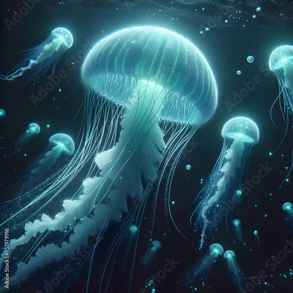 Fototapeta Bioluminescent jellyfish floating in a dark abyss 3D



