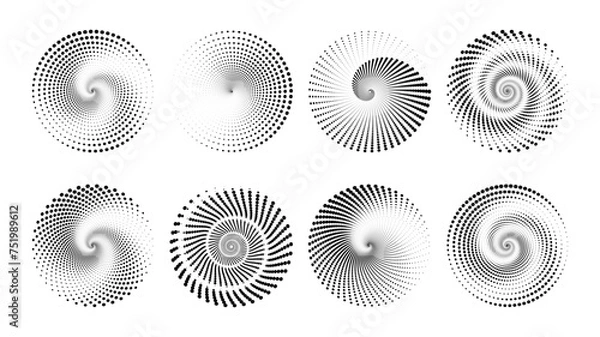 Fototapeta Set of Halftone dotted circular optical decoration Icon. Set of speed lines in circle form. Spiral Design Element Shapes