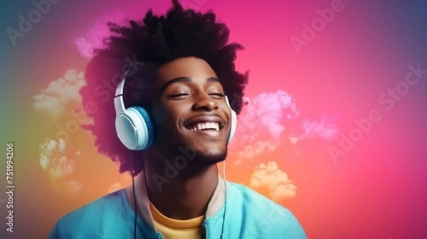 Fototapeta Portrait of smiling young man with headphones, man listening to music, adult African American man wearing light blue tracksuit isolated on colorful background with a smoke.