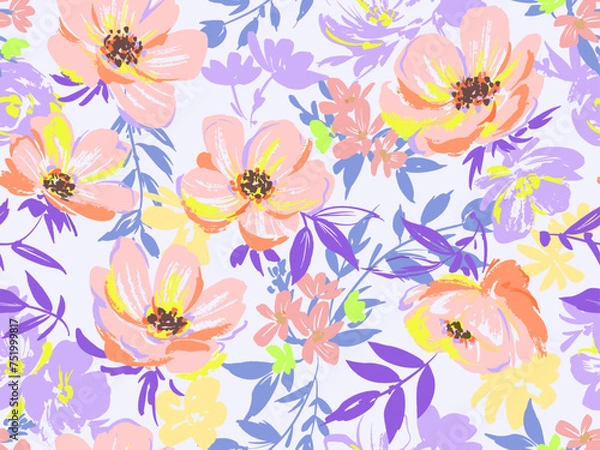Fototapeta カラフルなアネモネと植物のシームレスパターン	