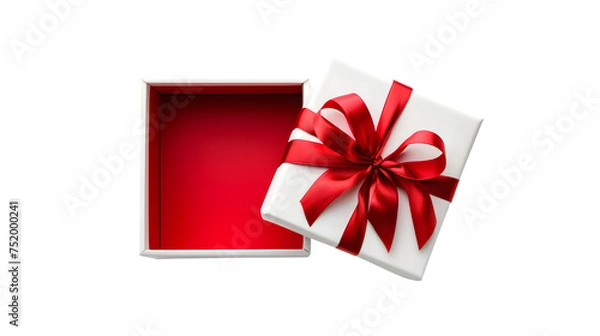 Fototapeta White gift box open with blank red bottom box or top view of present box tied with red ribbon and bow isolated on transparent background