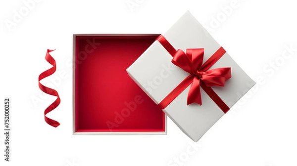 Fototapeta White gift box open with blank red bottom box or top view of present box tied with red ribbon and bow isolated on transparent background
