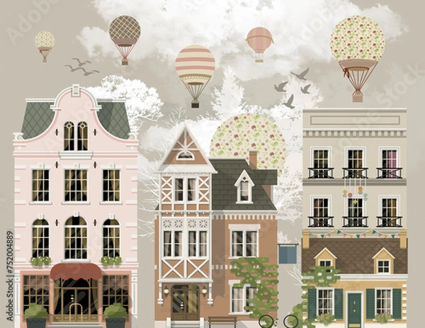 Fototapeta Vintage houses with balloons and birds in the sky and forest on the background wallpaper