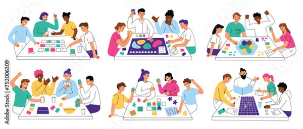 Fototapeta People playing table games, collection of compositions with cartoon characters, board games scenes, vector illustrations of adults sitting together at table and having fun, leisure activity at home