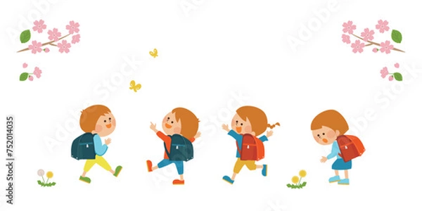 Fototapeta 小学校に行く子供たち　イラスト