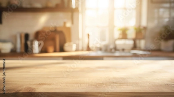 Fototapeta Table Wooden Kitchen Banner with Abstract warm tone, Blurred Background, Empty Space for Product Display in Modern Living, Empty Beautiful wood table top and blurred bokeh modern kitchen background 