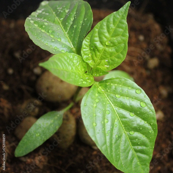 Fototapeta Pepper seedling. Pepper sprout with water drops on leaves close-up. Growing plants in container. Gardening at home
