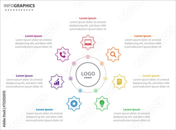 Obraz Circle infographic template with 7 options for presentations. Vector infographic design template. diagram, number options. Data visualization. Business concept with 7 steps, seven process.
