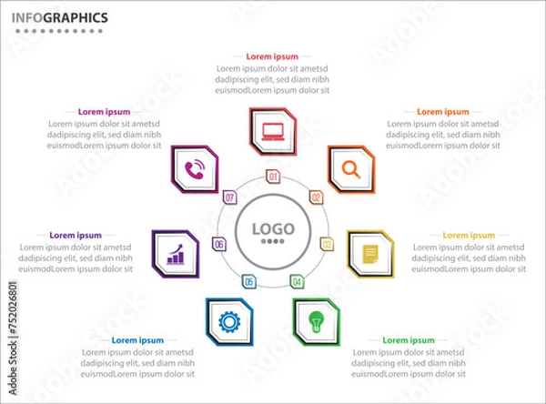 Fototapeta Circle infographic template with 7 options for presentations. Vector infographic design template. diagram, number options. Data visualization. Business concept with 7 steps, seven process.