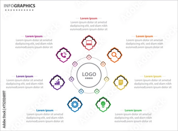 Obraz Circle infographic template with 7 options for presentations. Vector infographic design template. diagram, number options. Data visualization. Business concept with 7 steps, seven process.