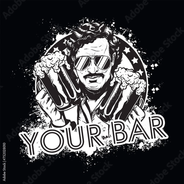 Fototapeta Mustachioed man with glasses holds beer vector logo for bar